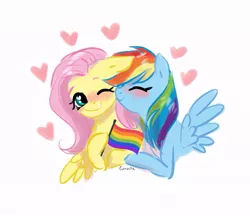 Size: 849x733 | Tagged: safe, artist:lunnitavaldez, derpibooru import, fluttershy, rainbow dash, pegasus, pony, my little brony risovach, blushing, eyes closed, female, floppy ears, flutterdash, gay pride flag, heart, lesbian, lgbt, mare, one eye closed, pride, pride flag, shipping, simple background, smiling, white background, wink