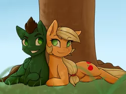 Size: 1280x960 | Tagged: safe, artist:captainpudgemuffin, derpibooru import, applejack, oc, earth pony, pegasus, pony, canon x oc, commission, female, looking at each other, male, mare, no pupils, stallion, straight, tree