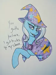 Size: 711x948 | Tagged: safe, artist:teaxstorm, derpibooru import, trixie, pony, unicorn, cape, clothes, colored pupils, dialogue, female, grin, hat, looking at you, mare, raised hoof, simple background, smiling, solo, trixie's cape, trixie's hat, white background