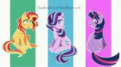 Size: 6551x3609 | Tagged: safe, artist:thebirdfromthemoon, derpibooru import, starlight glimmer, sunset shimmer, twilight sparkle, twilight sparkle (alicorn), alicorn, pony, unicorn, absurd resolution, backwards cutie mark, blushing, both cutie marks, cute, female, glimmerbetes, looking back, mare, shimmerbetes, sitting, smiling, tongue out, trio, trio female, twiabetes