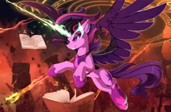 Size: 2500x1636 | Tagged: safe, artist:yakovlev-vad, derpibooru import, sci-twi, twilight sparkle, twilight sparkle (alicorn), ponified, alicorn, pony, equestria girls, art, badass, book, cross, equestria girls ponified, evil twilight, glowing eyes, grin, magic, midnight sparkle, smiling, solo, spread wings, telekinesis, twilight is anakin, tyrant, tyrant sparkle, wings