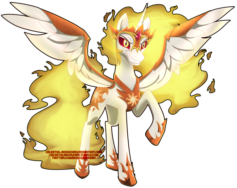Size: 1018x807 | Tagged: safe, artist:celestial-biohazard, derpibooru import, daybreaker, alicorn, pony, a royal problem, grin, raised hoof, simple background, smiling, solo, spread wings, transparent background, wings