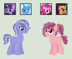 Size: 834x686 | Tagged: safe, artist:srbarker, derpibooru import, pinkie pie, saffron masala, trixie, twilight sparkle, oc, pony, unicorn, female, lesbian, mare, saffronpie, shipping, twixie