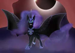 Size: 3508x2480 | Tagged: safe, artist:deathsnail, derpibooru import, nightmare moon, alicorn, pony, bat wings, eclipse, grin, looking at you, smiling, solar eclipse, solo, spread wings, wings