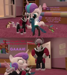 Size: 1920x2160 | Tagged: 3d, artist:red4567, chrysirek, dark helmet, derpibooru import, dialogue, discord, flurry the shipper, like mother like daughter, lord tirek, male, older, pound cake, poundflurry, princess flurry heart, queen chrysalis, rick moranis, safe, scared, shipper on deck, shipping, source filmmaker, spaceballs the tag, straight, tiralis