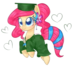 Size: 3713x3401 | Tagged: safe, artist:kaikururu, derpibooru import, oc, oc:bloom flower, unofficial characters only, crystal pony, pony, clothes, female, graduation, graduation cap, hat, mare, simple background, solo, transparent background