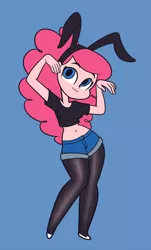 Size: 1090x1800 | Tagged: safe, artist:khuzang, derpibooru import, pinkie pie, equestria girls, :3, belly button, bunny ears, clothes, cute, daisy dukes, denim shorts, diapinkes, midriff, pantyhose, shoes, short shirt, shorts, simple background, solo