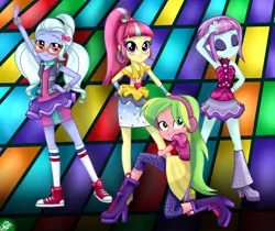 Size: 2200x1850 | Tagged: safe, artist:liniitadash23, derpibooru import, part of a set, lemon zest, sour sweet, sugarcoat, sunny flare, dance magic, equestria girls, spoiler:eqg specials, armpits, boots, clothes, converse, crystal prep shadowbolts, cuffs (clothes), dancing, eyes closed, freckles, glasses, group, headphones, high heel boots, looking at you, shoes, smiling, wristband