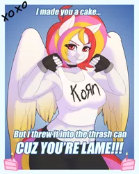 Size: 2400x3000 | Tagged: anthro, anthro oc, armpits, artist:souladdicted, breasts, cake, choker, clothes, derpibooru import, female, fingerless gloves, food, gloves, korn, looking at you, mare, oc, oc:pepper doll, pegasus, red eyes, safe, smiling, solo, tanktop, thumbs down, unofficial characters only