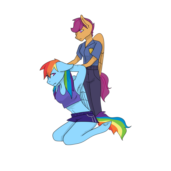 Size: 5000x5000 | Tagged: absurd resolution, anthro, armpits, arrested, artist:sharksrule12, derpibooru import, duo, kneeling, police, police uniform, prisoner rd, rainbow dash, safe, scootaloo, simple background, transparent background