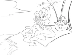 Size: 1280x989 | Tagged: adorasexy, anthro, artist:leadhooves, basket, beach, beach towel, bikini, clothes, cute, derpibooru import, drink, looking at you, monochrome, palm tree, picnic basket, pinkie pie, safe, sandals, sexy, solo, swimsuit, tree