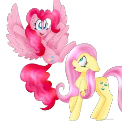 Size: 3000x3000 | Tagged: safe, artist:cosmiickatie, derpibooru import, fluttershy, pinkie pie, posey, earth pony, pegasus, pony, alternate cutie mark, body part swap, chest fluff, duo, earth pony fluttershy, floppy ears, kinetic contrast, looking at each other, open mouth, pegasus pinkie pie, pun, race swap, simple background, surprised, transparent background, visual pun