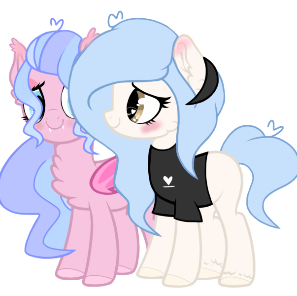 Size: 2290x2279 | Tagged: safe, artist:cloiepony, derpibooru import, oc, oc:glitzy glam, oc:jamie, unofficial characters only, bat pony, earth pony, pony, blushing, clothes, female, high res, mare, shirt, simple background, transparent background