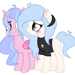 Size: 2290x2279 | Tagged: safe, artist:cloiepony, derpibooru import, oc, oc:glitzy glam, oc:jamie, unofficial characters only, bat pony, earth pony, pony, blushing, clothes, female, high res, mare, shirt, simple background, transparent background