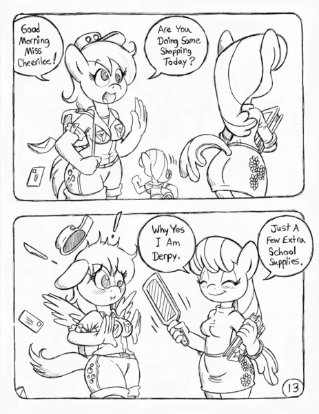 Size: 849x1100 | Tagged: anthro, artist:circe, black and white, cheerilee, comic, comic:soreloser, derpibooru import, derpy hooves, grayscale, monochrome, paddle, rarity, safe, traditional art