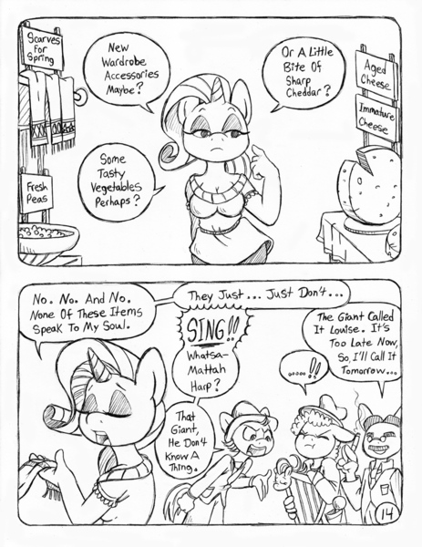 Size: 849x1100 | Tagged: anthro, artist:circe, black and white, chico marx, comic, comic:soreloser, derpibooru import, grayscale, groucho marx, harpo marx, louise the singing harp, marx brothers, monochrome, rarity, safe, traditional art