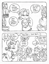 Size: 849x1100 | Tagged: anthro, artist:circe, black and white, chico marx, comic, comic:soreloser, derpibooru import, grayscale, groucho marx, harpo marx, louise the singing harp, marx brothers, monochrome, rarity, safe, traditional art