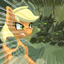 Size: 540x540 | Tagged: safe, artist:couchcrusader, deleted from derpibooru, derpibooru import, applejack, dryad, original species, plant pony, pony, timber wolf, comic:children of everfree, action pose, animated, dryadjack, female, forest, gif, looking back, mare, running, species swap, speed lines, vibrating