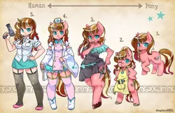 Size: 1600x1035 | Tagged: safe, artist:shepherd0821, derpibooru import, oc, oc:felicity, unofficial characters only, anthro, human, pony, semi-anthro, unguligrade anthro, unicorn, anthro chart, anthro oc, anthro with ponies, apron, bipedal, breasts, clothes, cute, female, garters, human female, humanized, humanized oc, knife, mare, ocbetes, smiling, stockings, thigh highs