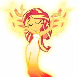 Size: 882x880 | Tagged: safe, artist:haleyc4629, derpibooru import, edit, sunset shimmer, phoenix, fanfic, equestria girls, my past is not today, angel, armpits, beautiful, clothes, dancing, dress, fanfic art, fiery shimmer, fire, glow, graceful, phoenix wings, reference, simple background, solo, vector, white background