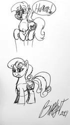 Size: 1836x3264 | Tagged: safe, artist:binkyt11, derpibooru import, bon bon, lyra heartstrings, sweetie drops, earth pony, pony, unicorn, bon bon is not amused, dialogue, duo, female, frown, grayscale, irrational exuberance, mare, monochrome, signature, smiling, that pony sure does love humans, traditional art, unamused