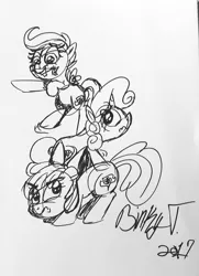 Size: 1790x2471 | Tagged: safe, artist:binkyt11, derpibooru import, apple bloom, scootaloo, sweetie belle, earth pony, pegasus, pony, unicorn, angry, bow, cutie mark crusaders, female, filly, flag, hair bow, monochrome, mouth hold, signature, tower of pony, traditional art