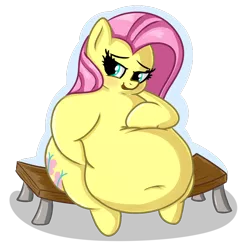 Size: 720x720 | Tagged: safe, artist:andelai, derpibooru import, fluttershy, pony, belly, belly button, bench, big belly, blushing, fat, fattershy, female, obese, sitting, solo