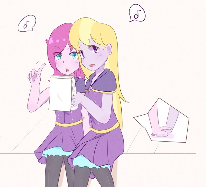 Size: 1024x932 | Tagged: safe, artist:yuck, derpibooru import, fuchsia blush, lavender lace, equestria girls, background human, colored pupils, female, fuchsiavender, holding hands, lesbian, looking at you, shipping, simple background, singing, white background