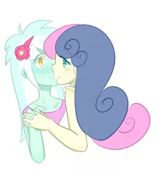 Size: 1372x1460 | Tagged: safe, artist:yuck, derpibooru import, bon bon, lyra heartstrings, sweetie drops, equestria girls, adorabon, blushing, colored pupils, cute, female, flower, flower in hair, holding hands, kissing, lesbian, looking at each other, lyrabetes, lyrabon, shipping, simple background, white background