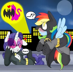 Size: 2404x2351 | Tagged: safe, artist:blackbewhite2k7, derpibooru import, rainbow dash, rarity, pegasus, pony, unicorn, ask, bat signal, batman, blushing, catwoman, city, cityscape, crossover, female, lesbian, mare, night, parody, raridash, sage, shipping, symbol, tumblr