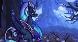 Size: 1920x1050 | Tagged: safe, artist:astralmelodia, deleted from derpibooru, derpibooru import, nightmare moon, alicorn, pony, alternate universe, cloud, crossover, flower, forest, ori and the blind forest, scenery, sky, solo, tree