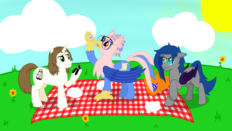Size: 3008x1692 | Tagged: safe, artist:silver dash, derpibooru import, oc, oc:light landstrider, oc:lunar frost, oc:vivian iolani, unofficial characters only, bat pony, classical hippogriff, hippogriff, pony, unicorn, female, male, picnic, stallion