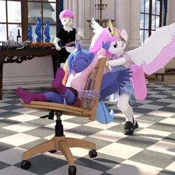 Size: 2000x2000 | Tagged: safe, artist:tahublade7, derpibooru import, princess celestia, princess luna, alicorn, anthro, plantigrade anthro, 3d, cewestia, chair, clothes, daz studio, dress, female, gotta go fast, image, loafers, maid, maximum overdrive, missing shoes, nyoom, palace, panties, pink-mane celestia, png, riding, rope, royal sisters, shoes, sisterly love, sisterly property damage, skirt, skirt lift, socks, starry underwear, statue, this will end in property damage, underwear, upskirt, vase, white underwear, woona, younger