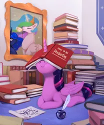 Size: 914x1100 | Tagged: safe, artist:rodrigues404, derpibooru import, princess celestia, princess luna, twilight sparkle, twilight sparkle (alicorn), alicorn, pony, :i, book, book hat, bookhorse, crown, cup, cute, drinking, facebook, facebooking, female, horn impalement, i have done nothing productive all day, jewelry, luna is not amused, majestic as fuck, mare, ponyloaf, procrastination, prone, quill, regalia, royal sisters, silly, silly pony, tea, teacup, that pony sure does love books, twiabetes, unamused, you're doing it wrong