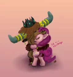 Size: 1000x1053 | Tagged: safe, artist:xbi, derpibooru import, pinkie pie, prince rutherford, earth pony, pony, yak, 30 minute art challenge, female, hug, interspecies, male, pinkieford, shipping, straight