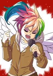 Size: 700x990 | Tagged: artist:bakki, clothes, commission, derpibooru import, eyes closed, eyeshadow, female, hoodie, human, humanized, interspecies offspring, karaoke, magical lesbian spawn, makeup, microphone, oc, oc:rainbow feather, offspring, parent:gilda, parent:rainbow dash, parents:gildash, safe, singing, solo, unofficial characters only, winged humanization, wings