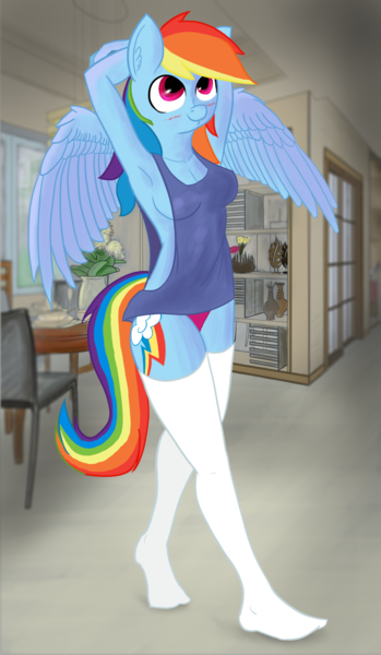 Size: 1280x2200 | Tagged: anthro, armpits, artist:fajnyziomal, blushing, breasts, clothes, derpibooru import, female, panties, pegasus, plantigrade anthro, rainbow dash, smiling, socks, solo, solo female, suggestive, tanktop, thigh highs, underwear, virgin killer sweater