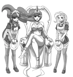 Size: 2000x2107 | Tagged: artist:johnjoseco, ballgag, breasts, busty princess celestia, clothes, crossed legs, cuffs (clothes), derpibooru import, domlestia, dress, female, femsub, gag, grayscale, high heels, human, humanized, it's good to be princess, legs, maid, monochrome, plate, princess celestia, princess molestia, shoes, side slit, submissive, suggestive, the weak and powerless trixie, throne, trio, trio female, trixie, twilight sparkle