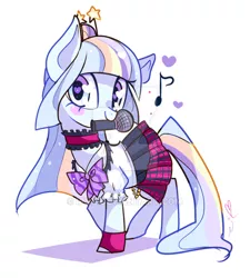 Size: 600x668 | Tagged: safe, artist:ipun, derpibooru import, oc, oc:kirameki, unofficial characters only, earth pony, pony, choker, clothes, cute, female, heart eyes, mare, microphone, mouth hold, skirt, skirt lift, solo, watermark, wingding eyes