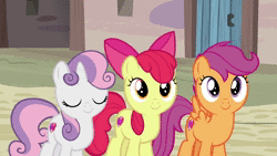 Size: 1920x1080 | Tagged: safe, derpibooru import, screencap, apple bloom, scootaloo, sweetie belle, pony, hard to say anything, animated, cutie mark crusaders, female, filly, hair flip, lidded eyes, no sound, webm