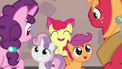Size: 1920x1080 | Tagged: safe, derpibooru import, screencap, apple bloom, big macintosh, scootaloo, sugar belle, sweetie belle, pony, hard to say anything, animated, cute, cutie mark crusaders, faic, female, filly, grin, male, mare, no sound, smiling, stallion, webm