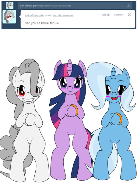 Size: 600x800 | Tagged: safe, artist:albinon, artist:dekomaru, derpibooru import, pinkie pie, trixie, twilight sparkle, pony, unicorn, tumblr:ask twixie, albino pie, ask, ask-albino-pie, bipedal, blushing, cute, female, lesbian, mare, ring, shipping, tumblr, twixie, wedding ring