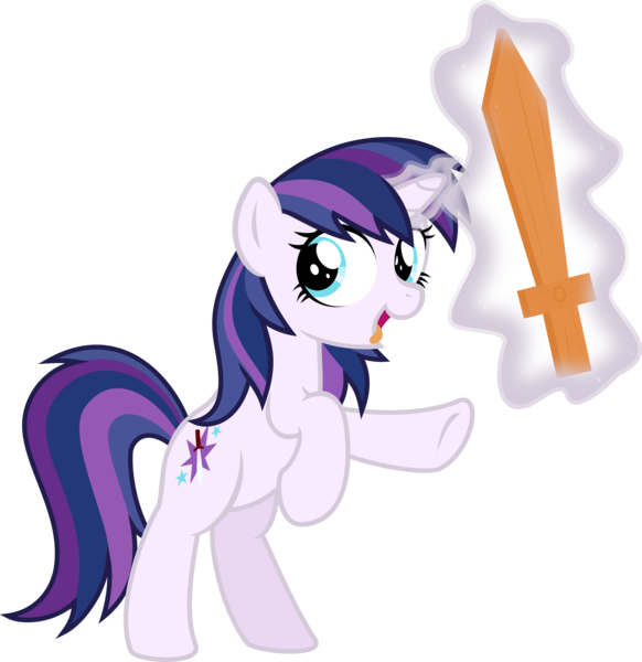 Size: 3000x3091 | Tagged: safe, artist:sollace, derpibooru import, oc, oc:paladin, unofficial characters only, pony, bipedal, cute, female, filly, inbred, looking at you, magic, offspring, open mouth, parent:shining armor, parent:twilight sparkle, parents:shining sparkle, product of incest, rearing, simple background, solo, tongue out, transparent background, vector, wooden sword