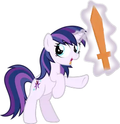 Size: 3000x3091 | Tagged: safe, artist:sollace, derpibooru import, oc, oc:paladin, unofficial characters only, pony, bipedal, cute, female, filly, inbred, looking at you, magic, offspring, open mouth, parent:shining armor, parent:twilight sparkle, parents:shining sparkle, product of incest, rearing, simple background, solo, tongue out, transparent background, vector, wooden sword