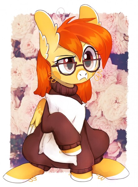 Size: 947x1280 | Tagged: safe, artist:ketticat55, derpibooru import, oc, unofficial characters only, pegasus, pony, clothes, ear fluff, glasses, pillow, solo, sweater