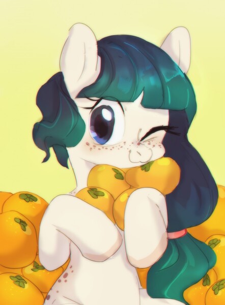 Size: 942x1280 | Tagged: safe, artist:ketticat55, derpibooru import, oc, unofficial characters only, pony, cute, food, freckles, ocbetes, orange, solo