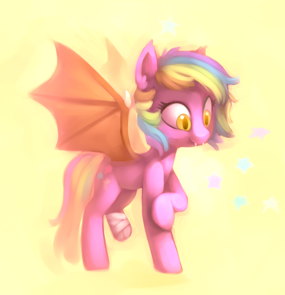 Size: 2749x2849 | Tagged: safe, artist:lilfunkman, derpibooru import, oc, oc:paper stars, unofficial characters only, bat pony, pony, abstract background, amputee, bandage, colored pupils, cute, cute little fangs, ear fluff, fangs, female, mare, missing limb, raised hoof, smiling, solo, spread wings, stump, wings