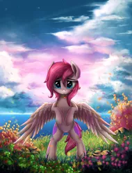 Size: 3545x4672 | Tagged: safe, artist:atlas-66, derpibooru import, oc, oc:cute wing, unofficial characters only, pegasus, pony, absurd resolution, bipedal, fangs, female, flower, grass, looking at you, mare, mouth hold, ocean, outdoors, scenery, smiling, solo, water