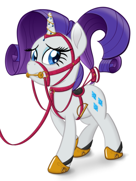 Size: 704x934 | Tagged: questionable, artist:cybersquirrel, derpibooru import, rarity, pony, bit gag, blushing, bondage, bridle, clothes, collar, crupper, dock, female, gag, harness, horseshoes, lead, magic suppression, movie accurate, reins, saddle, shoes, simple background, solo, solo female, stirrups, tack, tail holder, tail wrap, transparent background