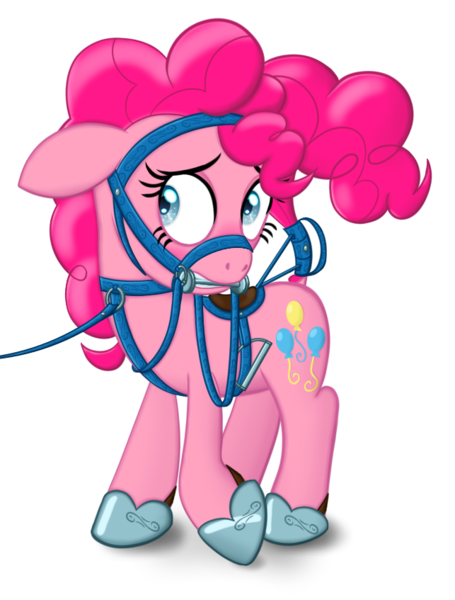 Size: 643x847 | Tagged: questionable, artist:cybersquirrel, derpibooru import, pinkie pie, earth pony, pony, bit gag, blushing, bondage, bridle, clothes, collar, crupper, dock, female, floppy ears, gag, harness, horseshoes, lead, mare, movie accurate, reins, saddle, shoes, simple background, solo, solo female, stirrups, tack, tail holder, tail wrap, transparent background